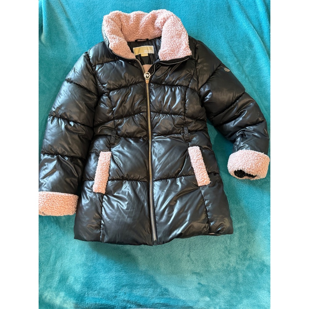 Michael Kors Girls Black Puffer Jacket Pink Sherpa Trim Size 10/12 Mid-Length